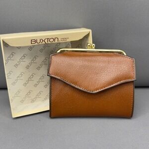 Vintage Buxton Brown Leather French Purse Wallet Kiss Lock Gold Hardware M22000